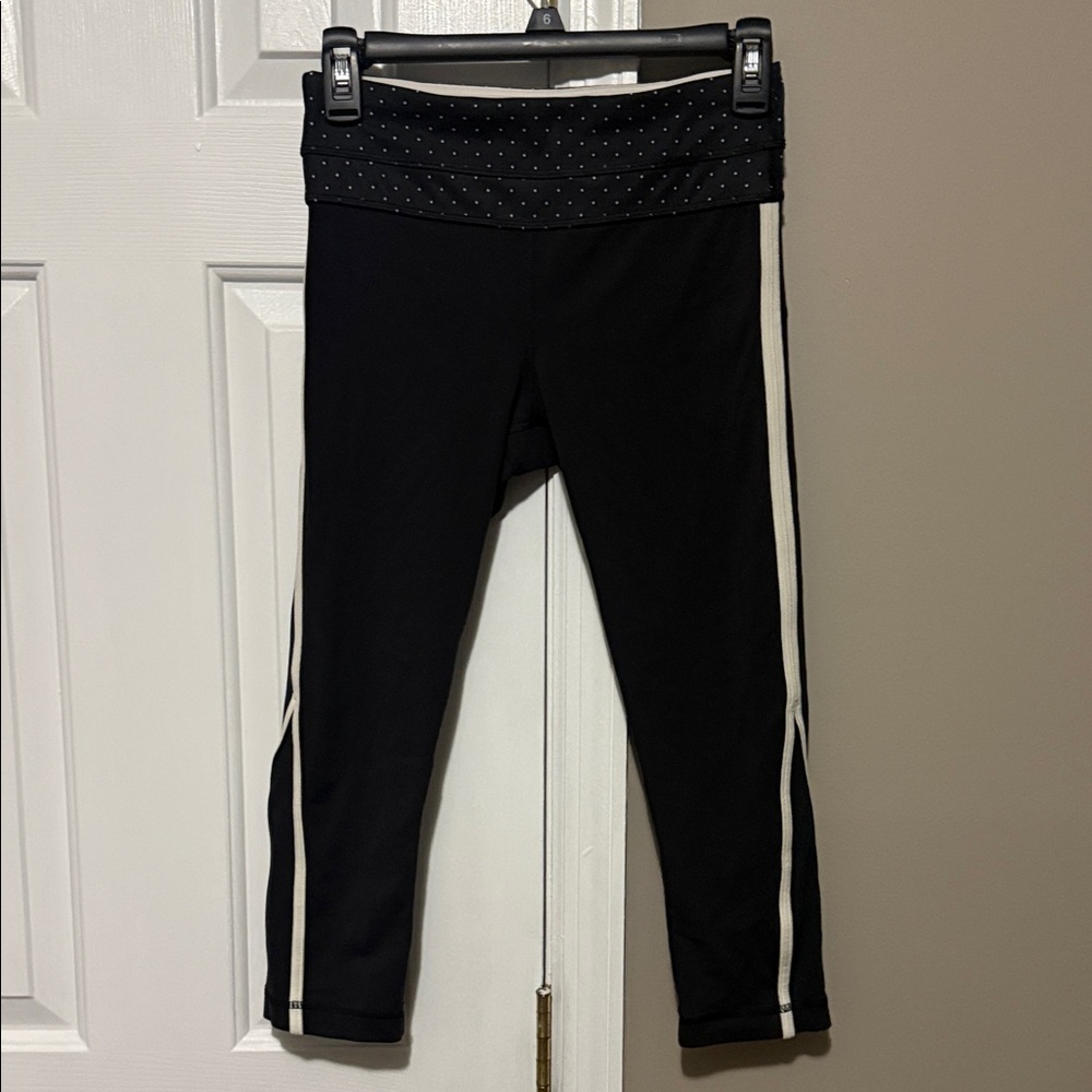 Lululemon Wunder Under Roll Down Crop Black Polka Dot Waistband White Stripe {4}